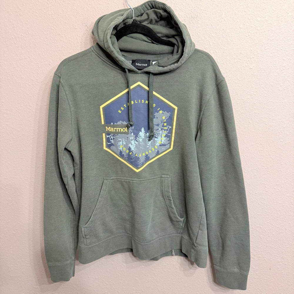 Marmot Mens Small Green Graphic Pullover Hoodie Forest Logo Sweatshirt S
